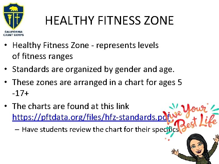 HEALTHY FITNESS ZONE • Healthy Fitness Zone - represents levels of fitness ranges • HEALTHY FITNESS ZONE • Healthy Fitness Zone - represents levels of fitness ranges •