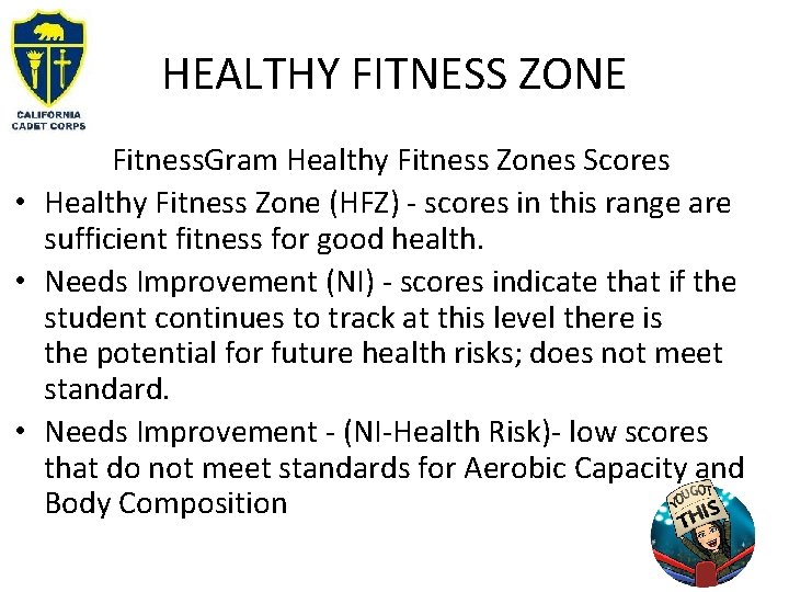HEALTHY FITNESS ZONE Fitness. Gram Healthy Fitness Zones Scores • Healthy Fitness Zone (HFZ) HEALTHY FITNESS ZONE Fitness. Gram Healthy Fitness Zones Scores • Healthy Fitness Zone (HFZ)