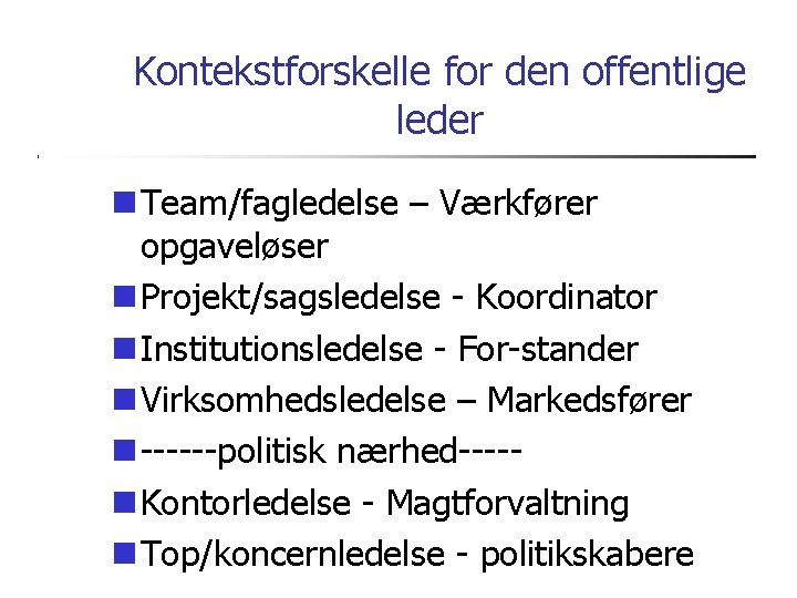 Kontekstforskelle for den offentlige leder Team/fagledelse – Værkfører opgaveløser Projekt/sagsledelse - Koordinator Institutionsledelse -