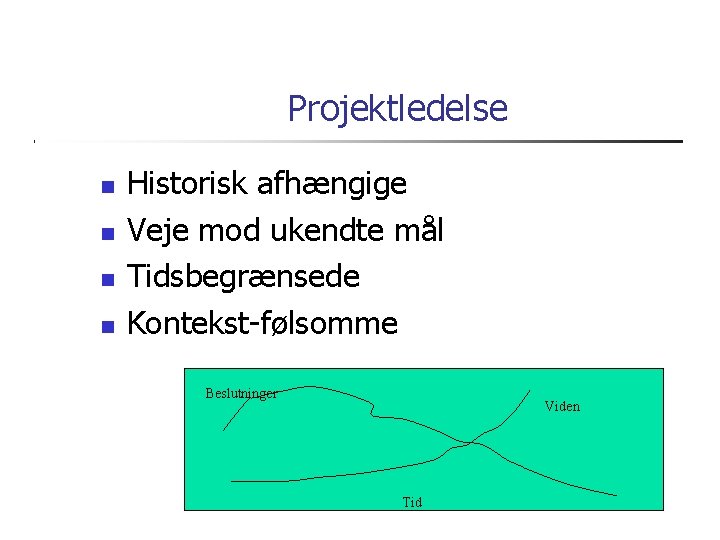 Projektledelse Historisk afhængige Veje mod ukendte mål Tidsbegrænsede Kontekst-følsomme Beslutninger Viden Tid 