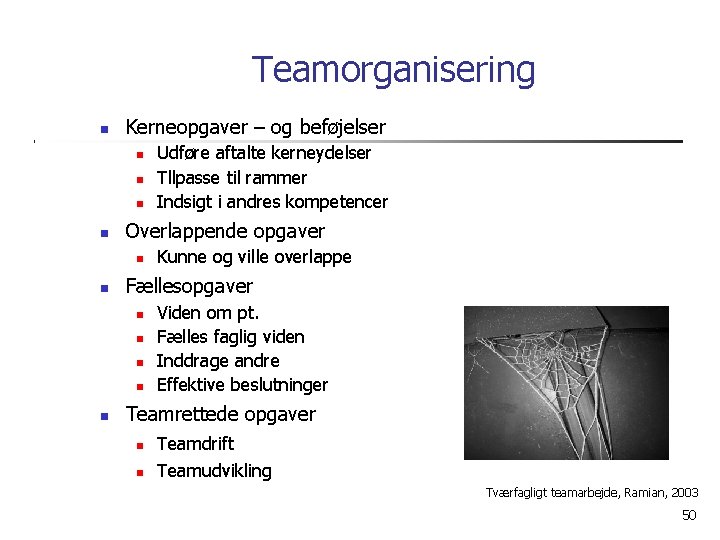 Teamorganisering Kerneopgaver – og beføjelser Overlappende opgaver Kunne og ville overlappe Fællesopgaver Udføre aftalte