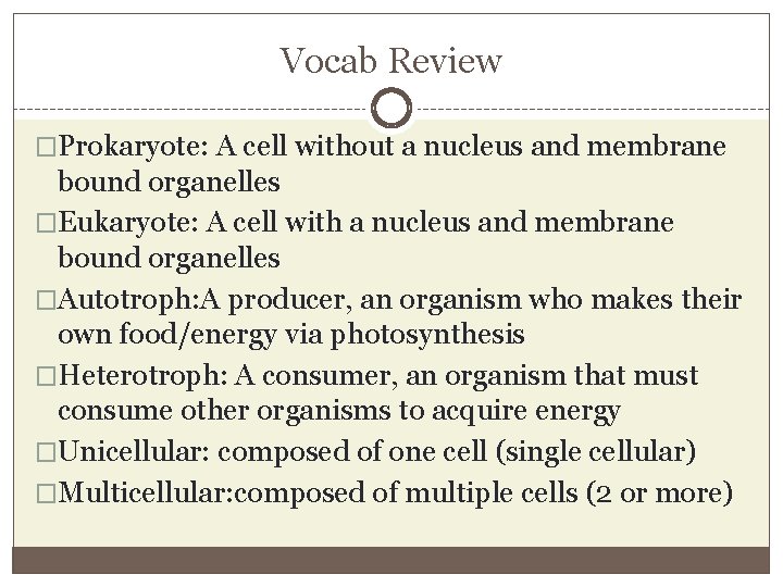 Vocab Review �Prokaryote: A cell without a nucleus and membrane bound organelles �Eukaryote: A