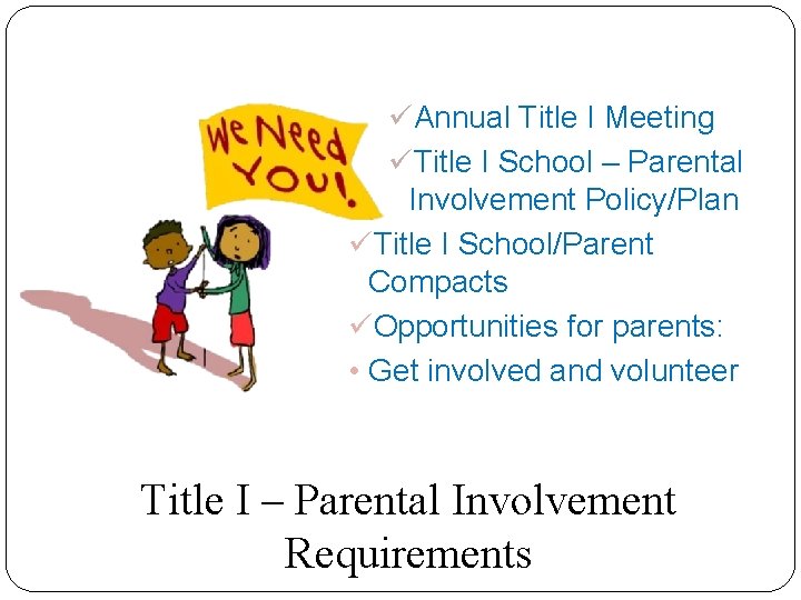 üAnnual Title I Meeting üTitle I School – Parental Involvement Policy/Plan üTitle I School/Parent