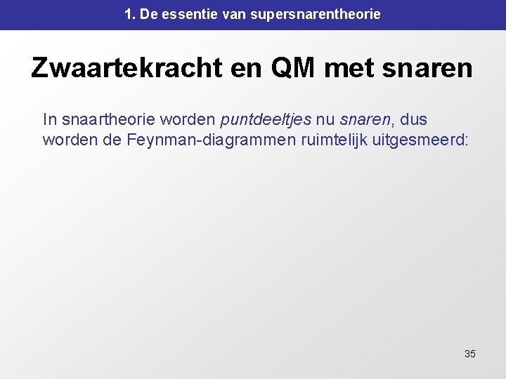 1. De essentie van supersnarentheorie Zwaartekracht en QM met snaren In snaartheorie worden puntdeeltjes 1. De essentie van supersnarentheorie Zwaartekracht en QM met snaren In snaartheorie worden puntdeeltjes