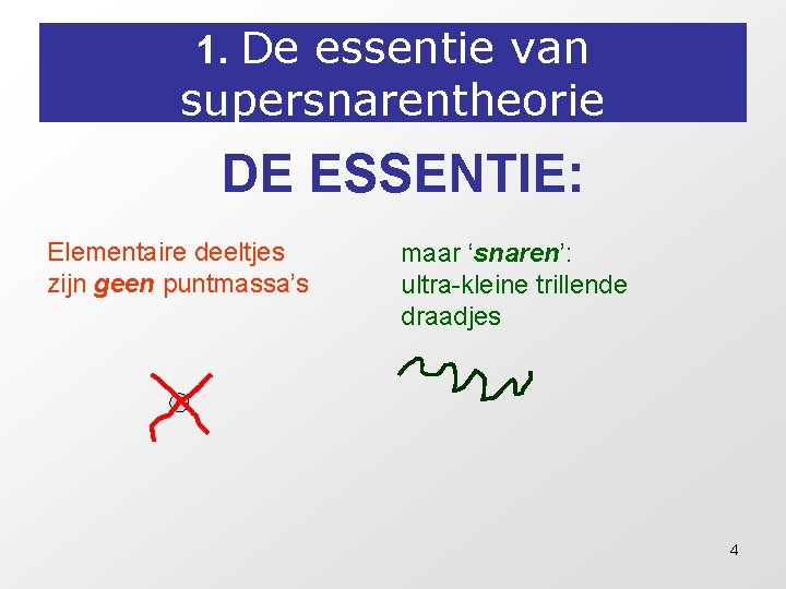 1. De essentie van supersnarentheorie DE ESSENTIE: Elementaire deeltjes zijn geen puntmassa’s maar ‘snaren’: 1. De essentie van supersnarentheorie DE ESSENTIE: Elementaire deeltjes zijn geen puntmassa’s maar ‘snaren’: