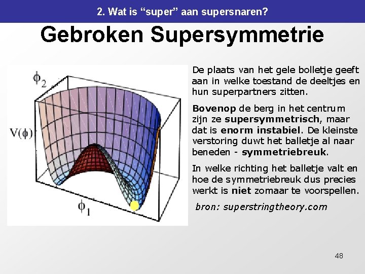 2. Wat is “super” aan supersnaren? Gebroken Supersymmetrie De plaats van het gele bolletje 2. Wat is “super” aan supersnaren? Gebroken Supersymmetrie De plaats van het gele bolletje