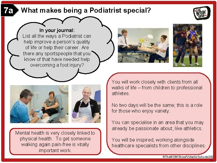 7 a What makes being a Podiatrist special? In your journal: List all the