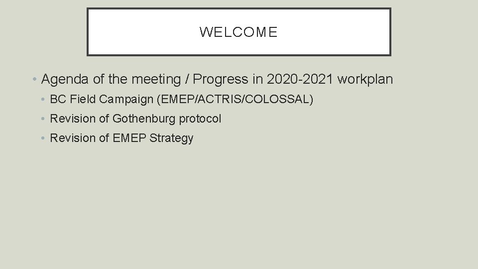 WELCOME • Agenda of the meeting / Progress in 2020 -2021 workplan • BC