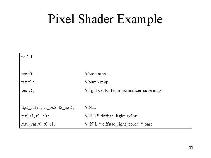 Pixel Shader Example ps. 1. 1 tex t 0 // base map tex t Pixel Shader Example ps. 1. 1 tex t 0 // base map tex t