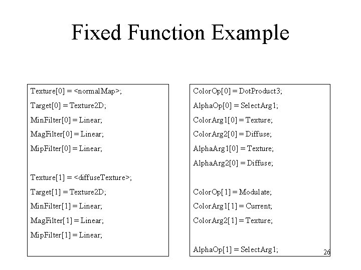 Fixed Function Example Texture[0] = <normal. Map>; Color. Op[0] = Dot. Product 3; Target[0]