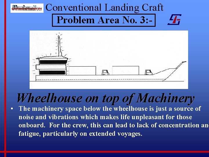Conventional Landing Craft Problem Area No. 3: - Wheelhouse on top of Machinery •