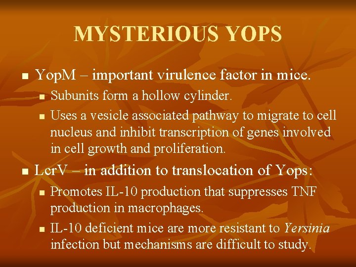 MYSTERIOUS YOPS n Yop. M – important virulence factor in mice. n n n MYSTERIOUS YOPS n Yop. M – important virulence factor in mice. n n n