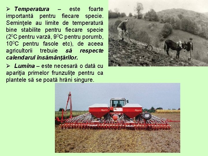 Ø Temperatura – este foarte importantă pentru fiecare specie. Seminţele au limite de temperatură