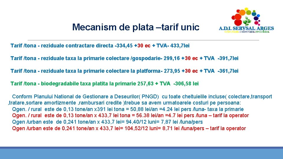 Mecanism de plata –tarif unic Tarif /tona - reziduale contractare directa -334, 45 +30