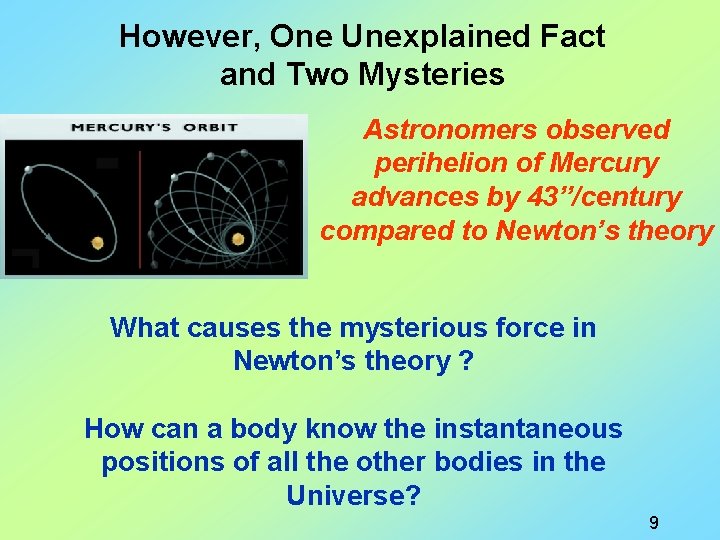 However, One Unexplained Fact and Two Mysteries Astronomers observed perihelion of Mercury advances by
