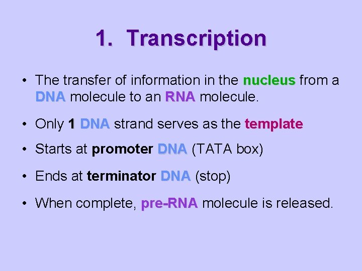 1. Transcription • The transfer of information in the nucleus from a DNA molecule