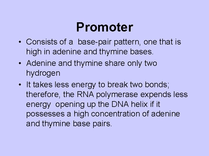 Promoter • Consists of a base-pair pattern, one that is high in adenine and