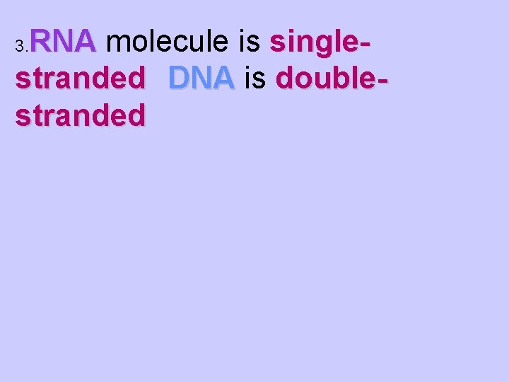 RNA molecule is singlestranded DNA is doublestranded 3. 