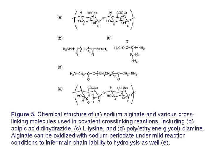 Figure 5. Chemical structure of (a) sodium alginate and various crosslinking molecules used in