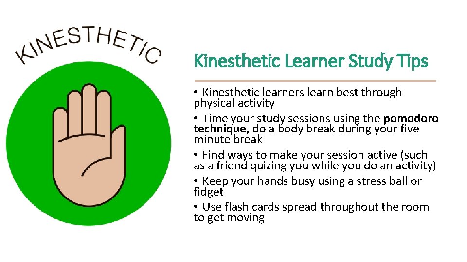 Kinesthetic Learner Study Tips • Kinesthetic learners learn best through physical activity • Time
