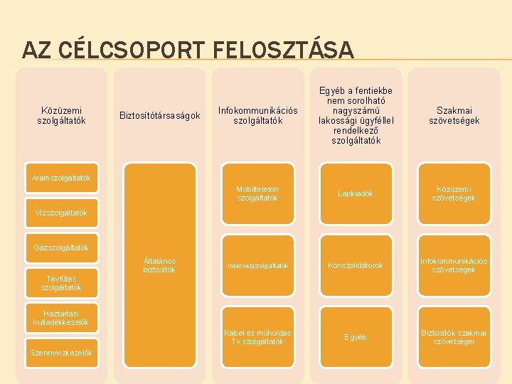 AZ CÉLCSOPORT FELOSZTÁSA Közüzemi szolgáltatók Biztosítótársaságok Infokommunikációs szolgáltatók Egyéb a fentiekbe nem sorolható nagyszámú