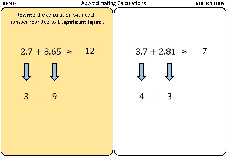 Approximating Calculations DEMO YOUR TURN Rewrite the calculation with each number rounded to 1