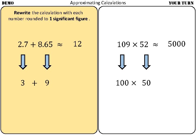 Approximating Calculations DEMO YOUR TURN Rewrite the calculation with each number rounded to 1