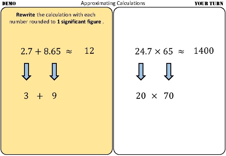 Approximating Calculations DEMO YOUR TURN Rewrite the calculation with each number rounded to 1