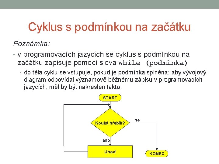 Cyklus s podmínkou na začátku Poznámka: • v programovacích jazycích se cyklus s podmínkou