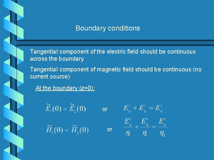 Boundary conditions Tangential component of the electric field should be continuous across the boundary