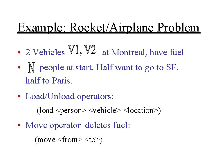 Example: Rocket/Airplane Problem • 2 Vehicles • at Montreal, have fuel people at start.