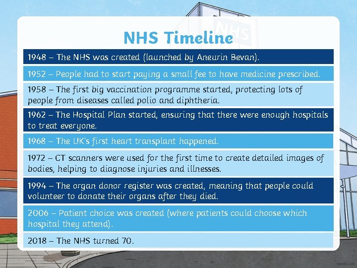 NHS Timeline 1948 – The NHS was created (launched by Aneurin Bevan). 1952 –