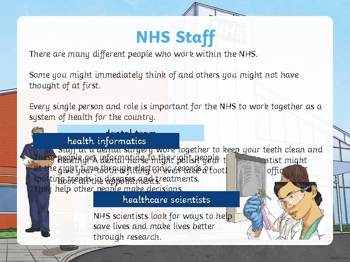 NHS Staff There are many different people who work within the NHS. Some you