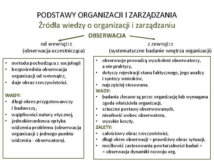 PODSTAWY ORGANIZACJI I ZARZĄDZANIA Źródła wiedzy o organizacji i zarządzaniu OBSERWACJA od wewnątrz (obserwacja