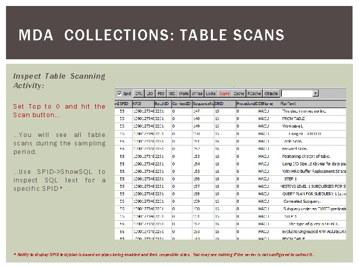MDA COLLECTIONS: TABLE SCANS Inspect Table Scanning Activity: Set Top to 0 and hit MDA COLLECTIONS: TABLE SCANS Inspect Table Scanning Activity: Set Top to 0 and hit