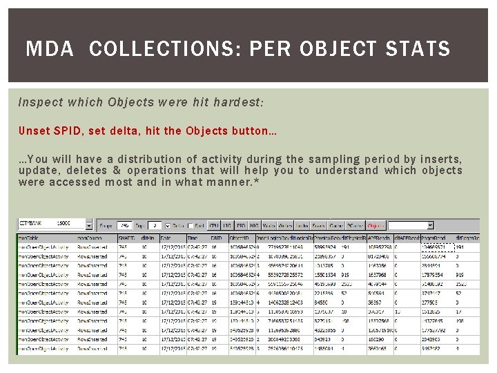 MDA COLLECTIONS: PER OBJECT STATS Inspect which Objects were hit hardest: Unset SPID, set MDA COLLECTIONS: PER OBJECT STATS Inspect which Objects were hit hardest: Unset SPID, set