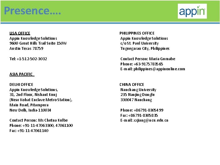 Presence…. USA OFFICE Appin Knowledge Solutions 9600 Great Hills Trail Suite 150 W Austin