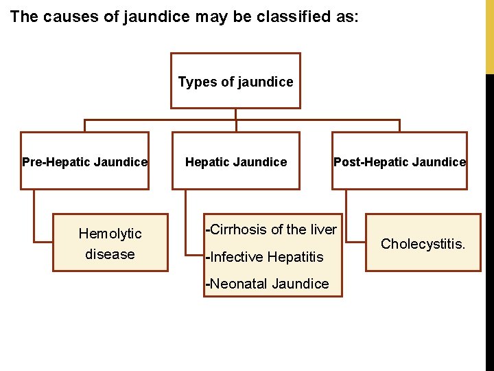 The causes of jaundice may be classified as: Types of jaundice Pre-Hepatic Jaundice Hemolytic