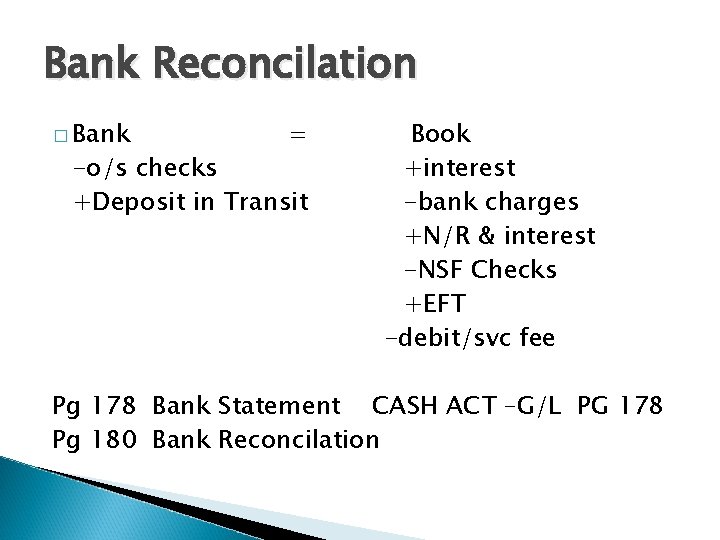 Bank Reconcilation � Bank = -o/s checks +Deposit in Transit Book +interest -bank charges