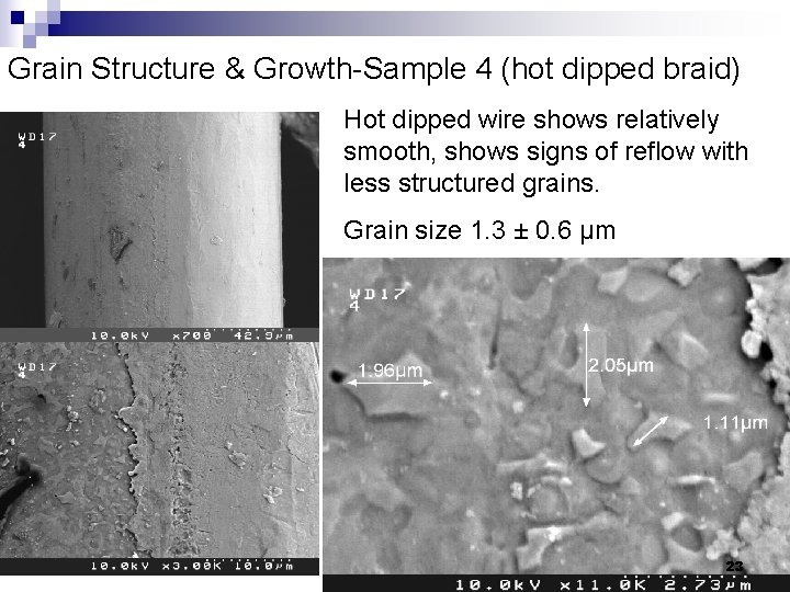 Grain Structure & Growth-Sample 4 (hot dipped braid) Hot dipped wire shows relatively smooth,