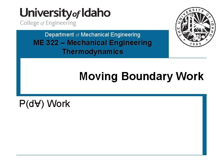 Department of Mechanical Engineering ME 322 – Mechanical Engineering Thermodynamics Moving Boundary Work P(d.