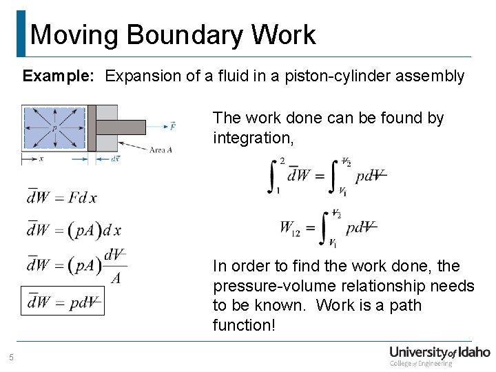 Moving Boundary Work Example: Expansion of a fluid in a piston-cylinder assembly The work
