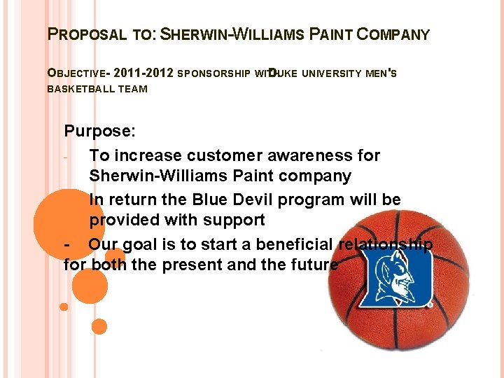 PROPOSAL TO: SHERWIN-WILLIAMS PAINT COMPANY OBJECTIVE- 2011 -2012 SPONSORSHIP WITH DUKE UNIVERSITY MEN'S BASKETBALL