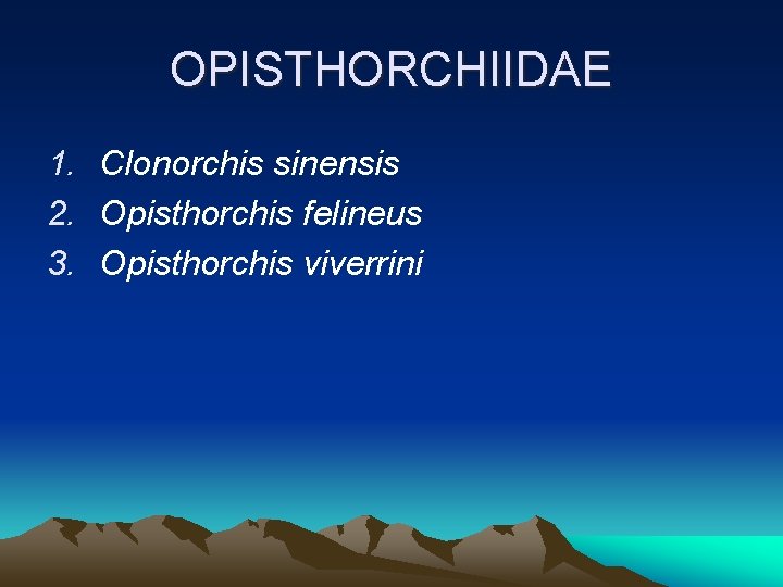 OPISTHORCHIIDAE 1. Clonorchis sinensis 2. Opisthorchis felineus 3. Opisthorchis viverrini 