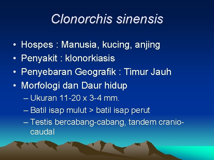 Clonorchis sinensis • • Hospes : Manusia, kucing, anjing Penyakit : klonorkiasis Penyebaran Geografik