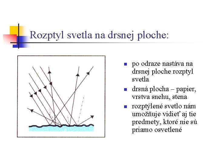 Rozptyl svetla na drsnej ploche: n n n po odraze nastáva na drsnej ploche