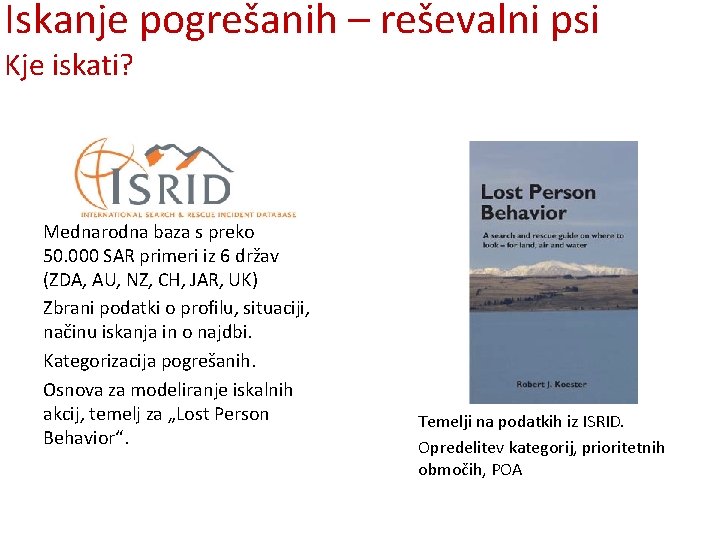 Iskanje pogrešanih – reševalni psi Kje iskati? Mednarodna baza s preko 50. 000 SAR