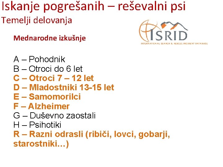 Iskanje pogrešanih – reševalni psi Temelji delovanja Mednarodne izkušnje A – Pohodnik B –