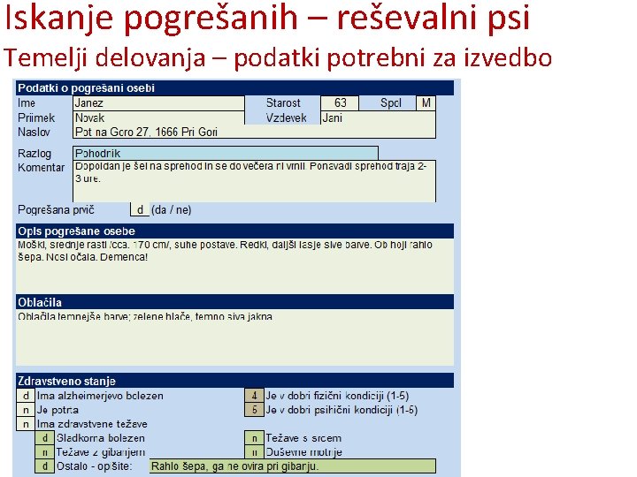 Iskanje pogrešanih – reševalni psi Temelji delovanja – podatki potrebni za izvedbo 