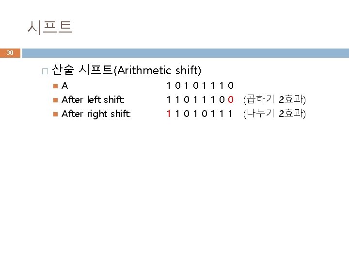 시프트 30 � 산술 시프트(Arithmetic shift) A After left shift: After right shift: 10101110